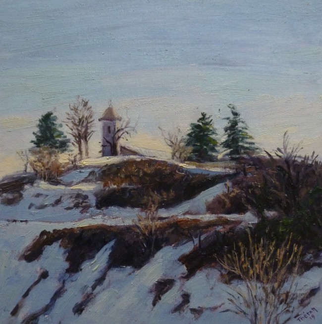 Clocher de Banon sous la neige