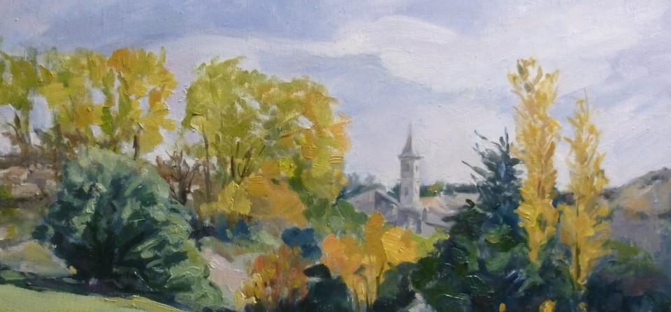 Le clocher de St Etienne-les-Orgues en automne